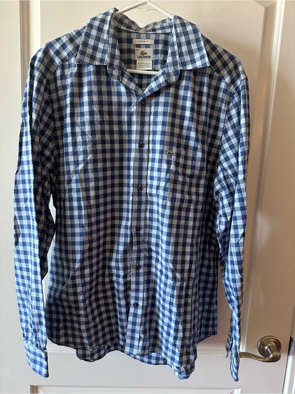 Y2K Lacoste Men's Blue Check Button-Down Shirt